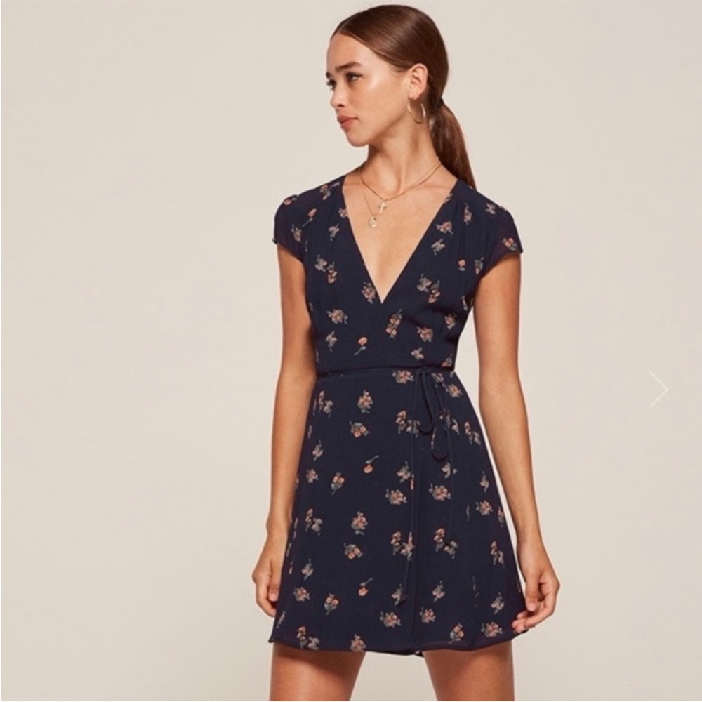 Reformation Navy Blue XSP Oyster Dress Wrap Dress